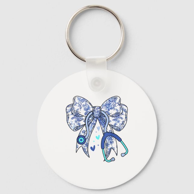 Floral Blue Coquette Bow Nurse Stethoscope Medical Keychain (Front)