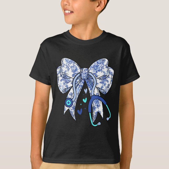 Floral Blue Coquette Bow Nurse Stethoscope Medical T-Shirt (Front)
