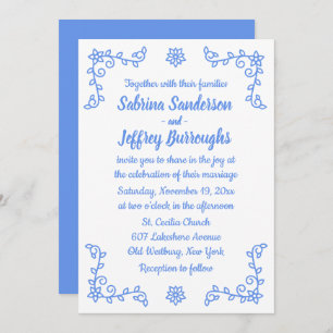 Floral Blue Cornflower Flowers Laurel Leaf Wedding Invitation