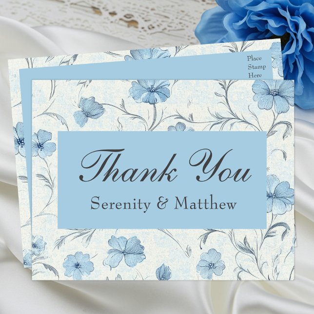 Floral Blue Country Garden Wedding Thank You Invitation Postcard (Creator Uploaded)
