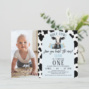 Floral Blue Cow Print Photo Holy Cow 1st Birthday Invitation