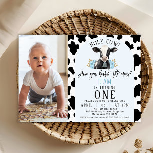 Floral Blue Cow Print Photo Holy Cow 1st Birthday Invitation