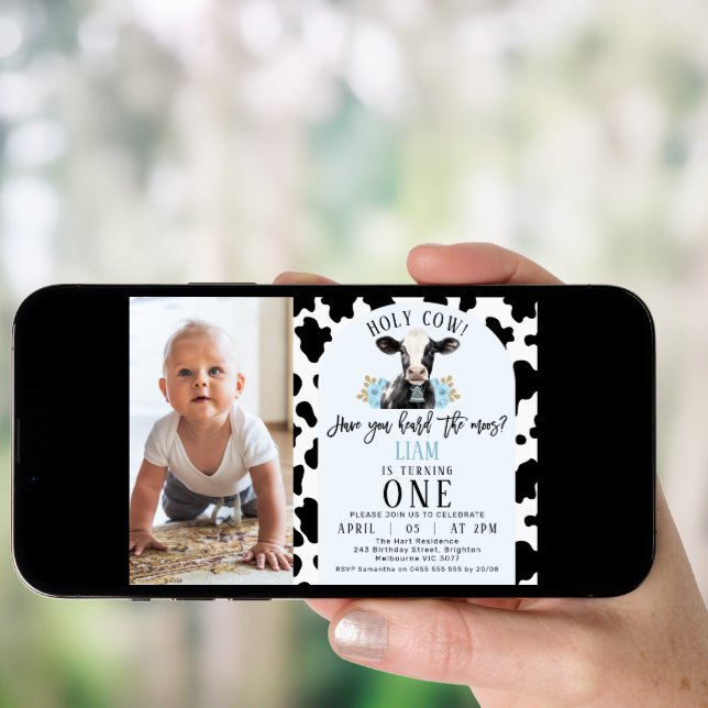 Floral Blue Cow Print Photo Holy Cow 1st Birthday Invitation (Front Digital)