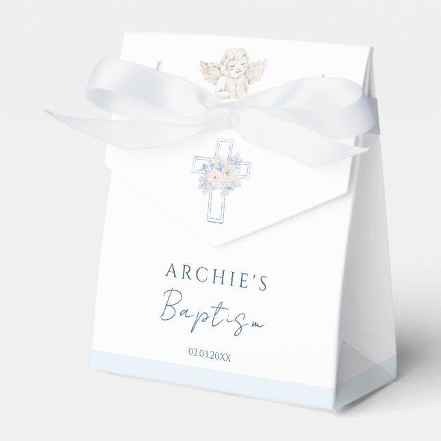 Floral Blue Cross Angel Baptism Favor Boxes (Front Side)