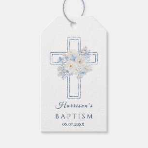 Floral Blue Cross Baptism Gift Tag