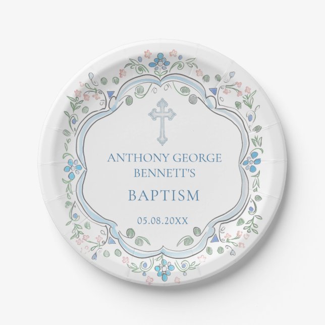 Floral Blue Cross Baptism Paper Plate (Front)
