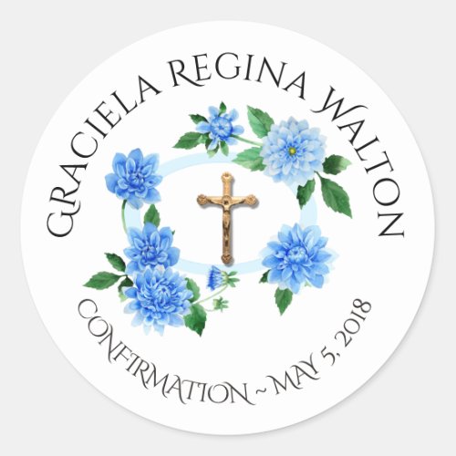 Floral Blue Dahlias Crucifix  Confirmation Classic Round Sticker