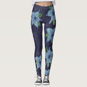 Floral Blue Denim Colored Star Leggings