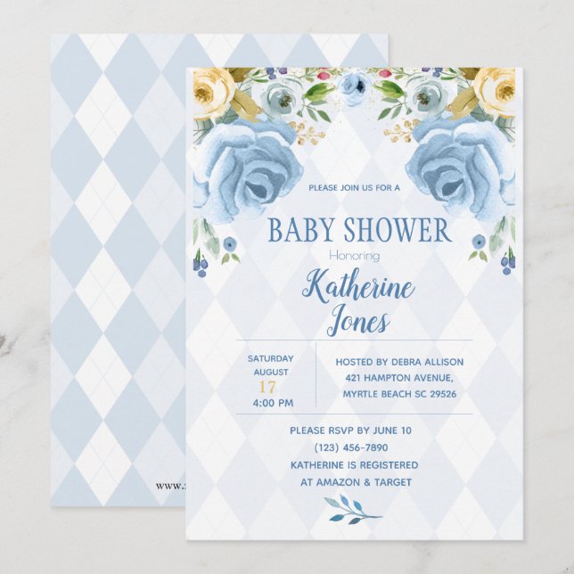 Floral Blue Diamond Baby Boy Shower Invitation (Front/Back)