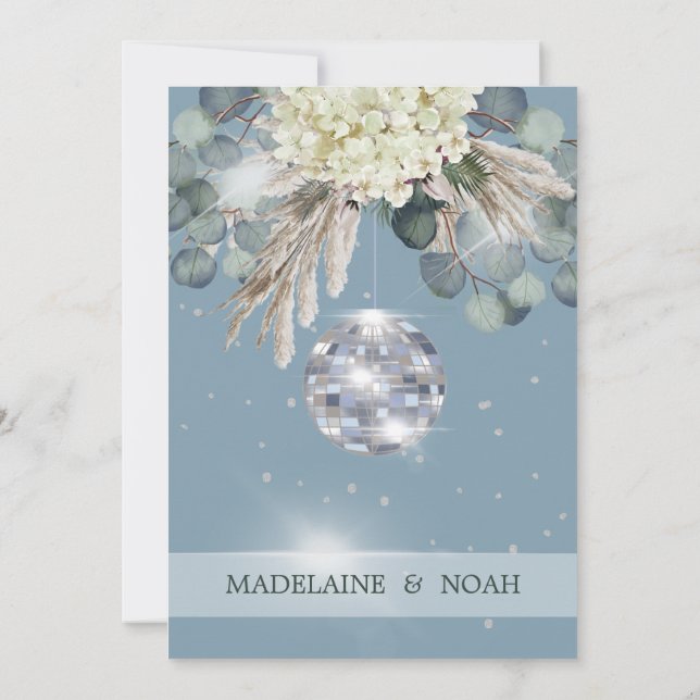 Floral Blue Disco Ball Elegant Wedding Rehearsal Invitation (Back)