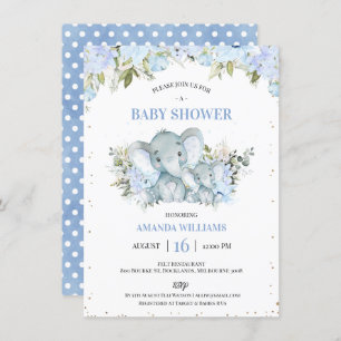 Floral Blue Elephant and Calf Boys Baby Shower Invitation
