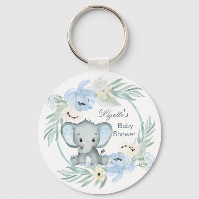 Floral blue Elephant Baby Shower Button Keychain (Front)
