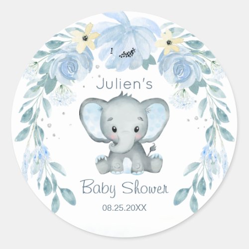 Floral Blue Elephant Baby Shower  Classic Round Sticker