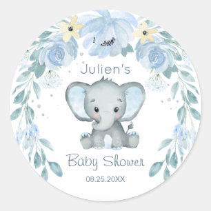 Floral Blue Elephant Baby Shower Classic Round Sticker
