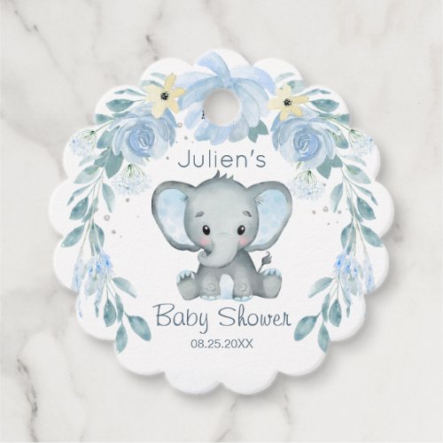 Floral Blue Elephant Baby Shower Favor Tags