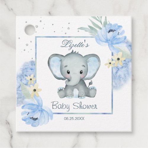 Floral Blue Elephant Baby Shower Favor Tags