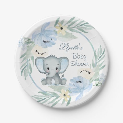 Floral blue Elephant Baby Shower Paper Plate