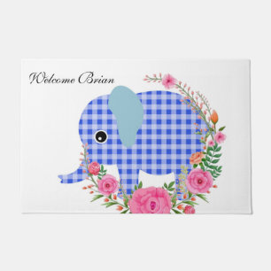 Floral Blue Elephant Door Mat