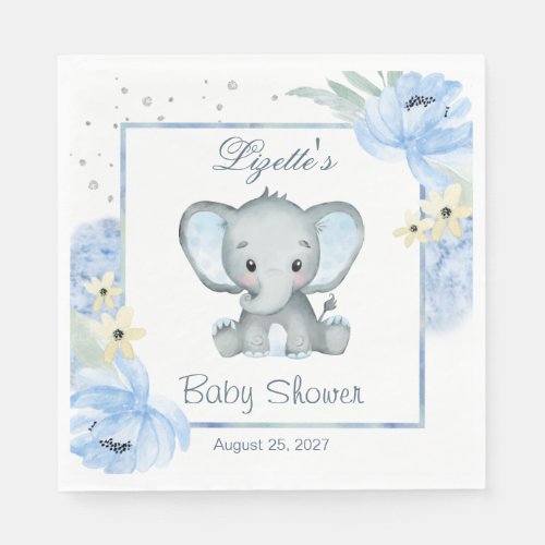 Floral Blue ElephantBaby Shower Paper Napkin