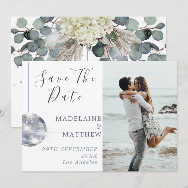 Floral Blue Eucalyptus  Disco Elegant Wedding Save The Date (Front/Back)