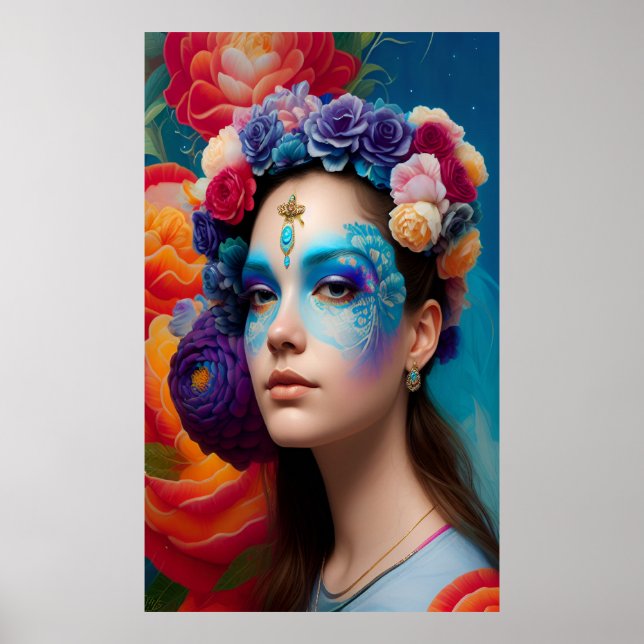 Floral blue face makeup poster (Front)