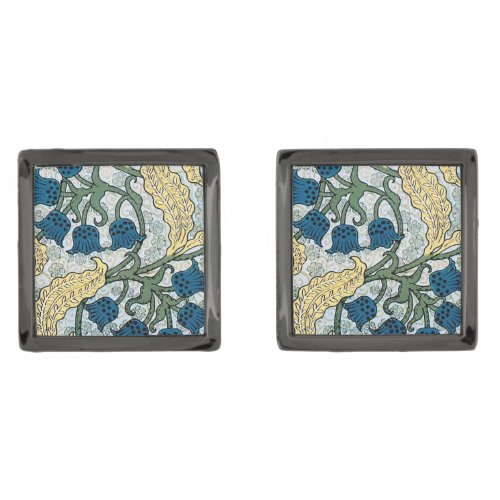 Floral Blue Flowers Lily Valley  Repeating Gunmetal Finish Cufflinks