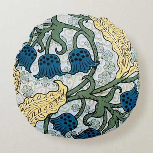 Floral Blue Flowers Lily Valley  Repeating Round Pillow