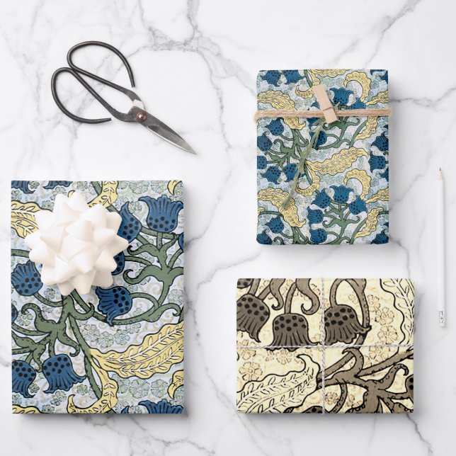 Floral Blue Flowers Lily Valley Repeating Wrapping Paper Sheets (Front)