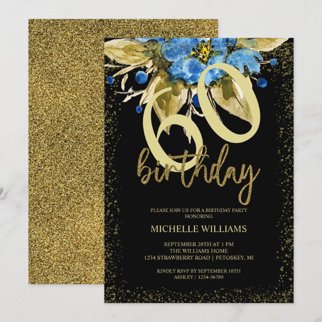 Floral Blue Glitter Gold Calligraphy Birthday Invitation (Front/Back)