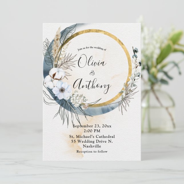 Floral Blue Gold Boho Wedding Invitation (Standing Front)