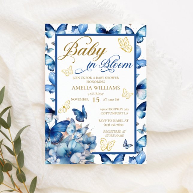 Floral Blue Gold Butterfly Baby in Bloom Shower Invitation (Creator Uploaded)