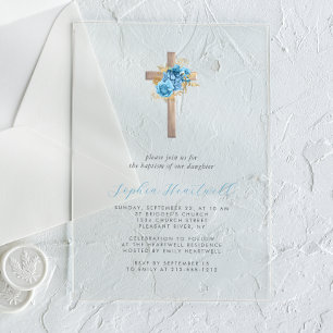 Floral Blue Gold Cross Baptism Acrylic Invitations