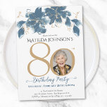 Floral Blue Gold Custom Photo 80th Birthday Party Invitation<br><div class="desc">Floral Blue Gold Custom Photo 80th Birthday Party Invitation. Introducing our exquisite Floral Milestone Birthday Invitation, a perfect fusion of modern simplicity and delicate beauty. This custom-designed invitation card features a captivating blend of blue and gold, creating an enchanting backdrop that sets the stage for a memorable birthday celebration. With...</div>