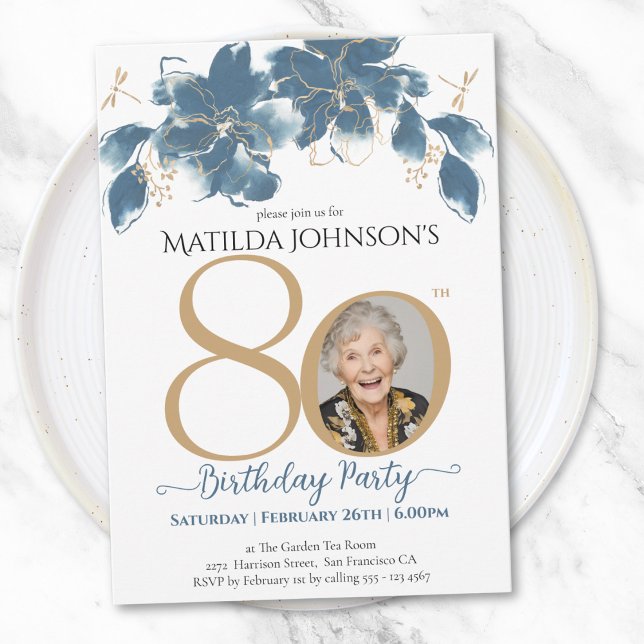 Floral Blue Gold Custom Photo 80th Birthday Party Invitation (Floral Blue Gold Custom Photo 80th Birthday Party Invitation)