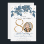 Floral Blue Gold Custom Photo 80th Birthday Party Invitation<br><div class="desc">Floral Blue Gold Custom Photo 80th Birthday Party Invitation. Introducing our exquisite Floral Milestone Birthday Invitation, a perfect fusion of modern simplicity and delicate beauty. This custom-designed invitation card features a captivating blend of blue and gold, creating an enchanting backdrop that sets the stage for a memorable birthday celebration. With...</div>