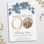 Floral Blue Gold Custom Photo 90th Birthday  Invitation<br><div class="desc">Floral Blue Gold Custom Photo 90th Birthday Invitation. Introducing our exquisite Floral Milestone Birthday Invitation, a perfect fusion of modern simplicity and delicate beauty. This custom-designed invitation card features a captivating blend of blue and gold, creating an enchanting backdrop that sets the stage for a memorable birthday celebration. With its...</div>