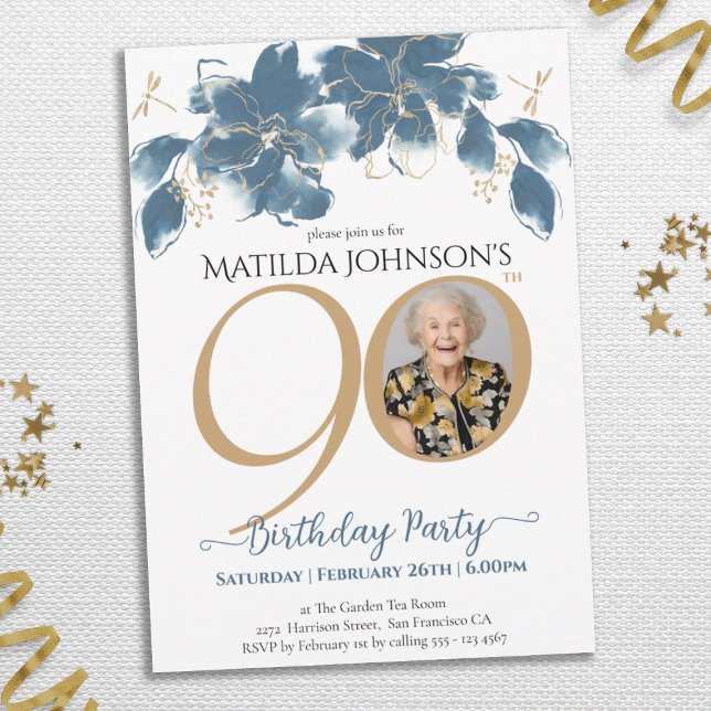 Floral Blue Gold Custom Photo 90th Birthday  Invitation (Floral Blue Gold Custom Photo 90th Birthday Invitation)