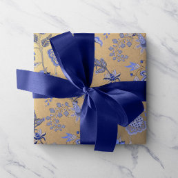 Floral Blue Gold Delicate Oriental Gold Foxier Wrapping Paper