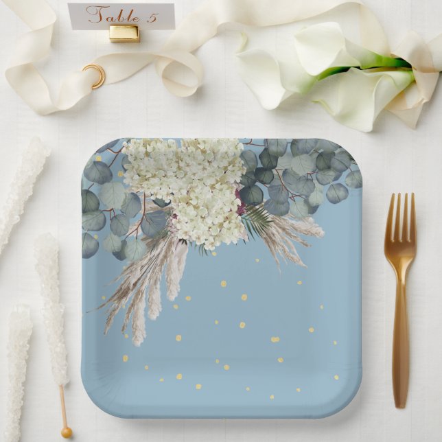 Floral Blue Gold Elegant Birthday Paper Plates (Wedding)