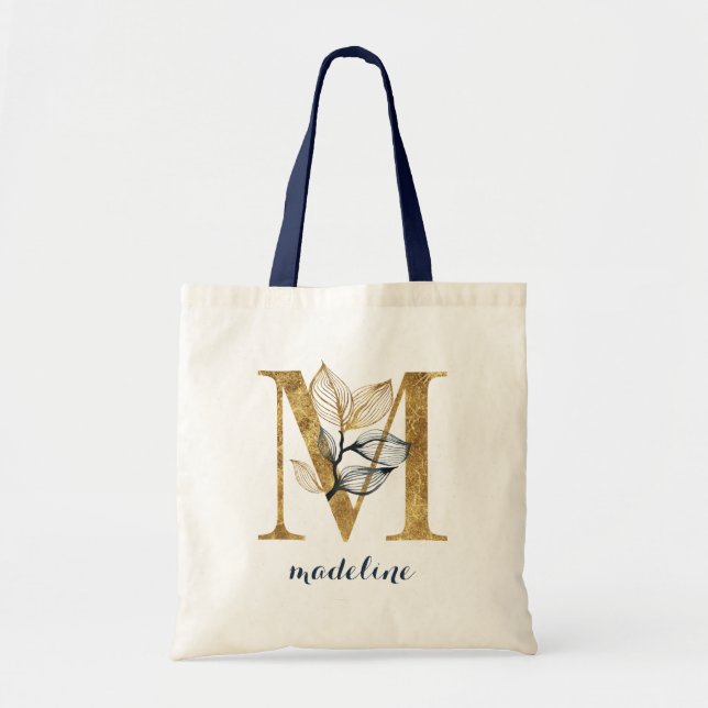 Floral Blue Gold Leaf Monogram Letter "M" Tote Bag (Front)