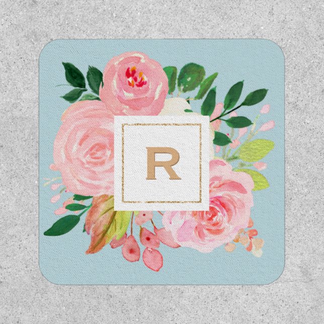Floral Blue Gold Monogram Pink Peonies Elegant Patch (Front)