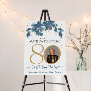 Floral Blue Gold Photo 80th Birthday Party Welcome Foam Board