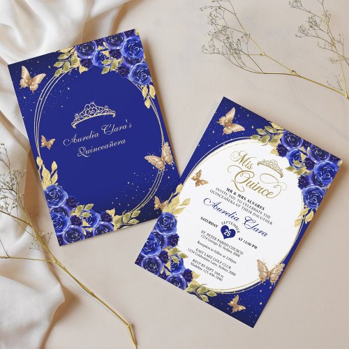 Floral Blue Gold Tiara Butterfly Mis Quinceaera Invitation