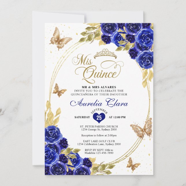 Floral Blue Gold Tiara Butterfly Mis Quinceañera Invitation (Front)