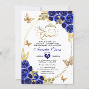 Floral Blue Gold Tiara Butterfly Mis Quinceañera Invitation