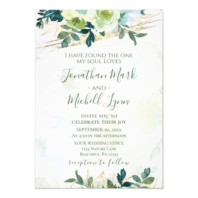 Floral Blue Gold White Turquoise Greenery Wedding Invitation
