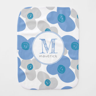 Floral Blue Gray Baby Adorable Simple Monogram Baby Burp Cloth