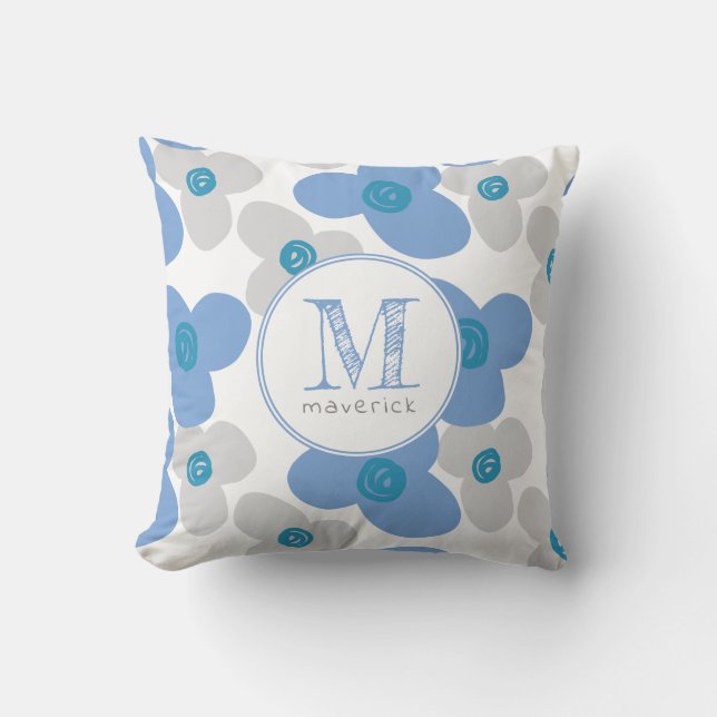Floral Blue Gray Baby Adorable Simple Monogram Throw Pillow (Front)