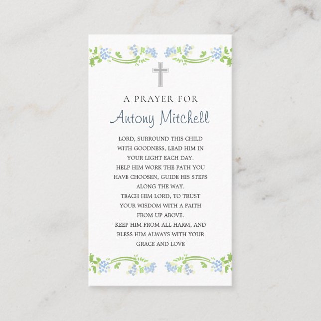 Floral Blue Green Cross Baptism Prayer Business Card (Front)