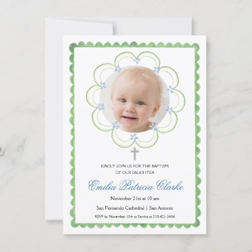 Floral Blue Green Cross Simple Baptism Invitation